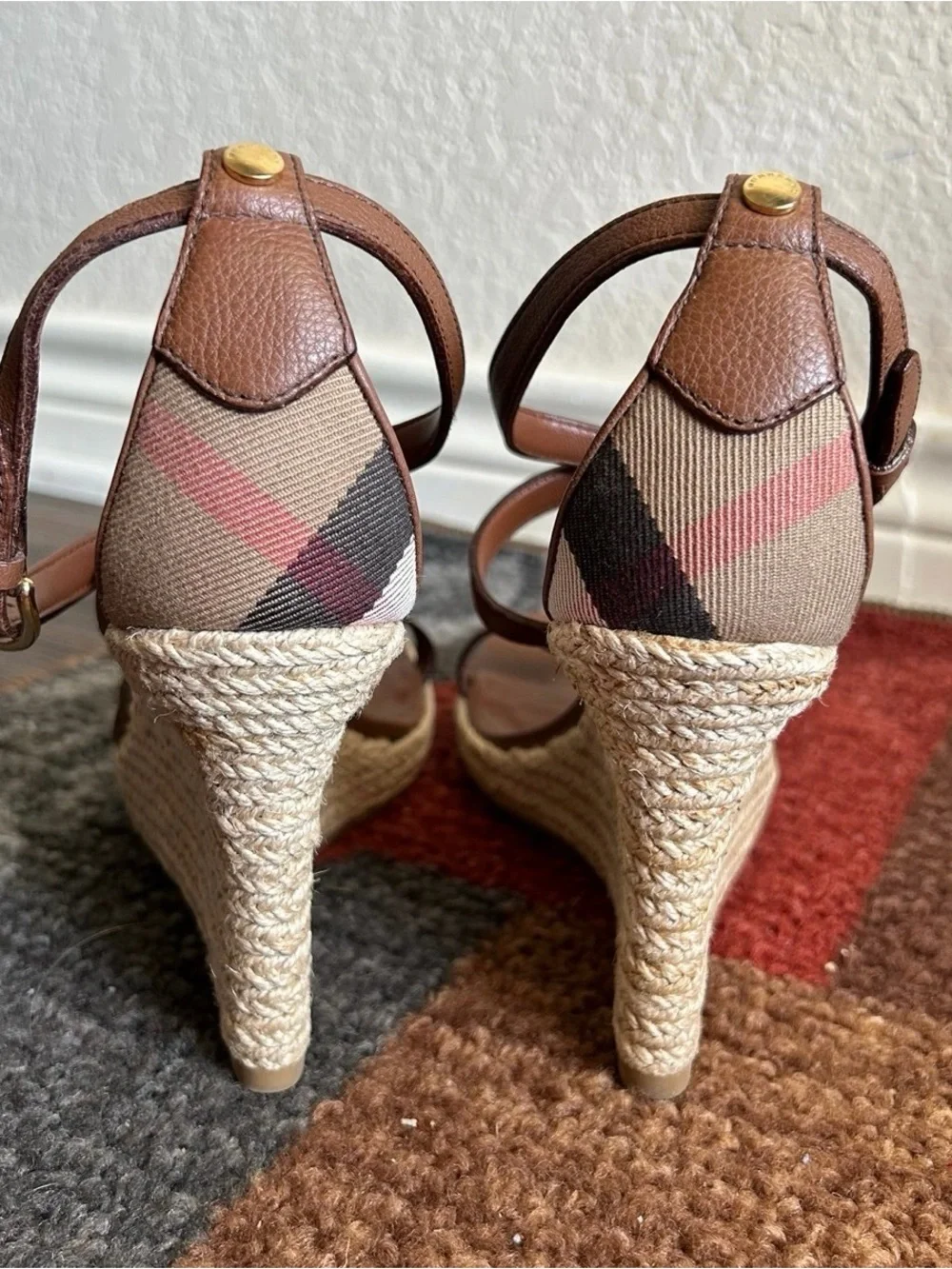Burberry Brown Leather And Rope Espadrille Wedge Sandals House Check